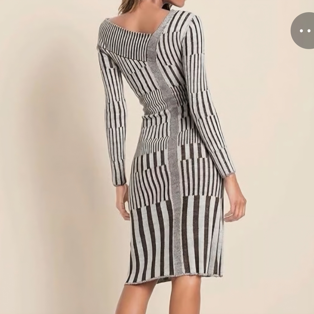 VENUS Black and White Striped Midi Dress
